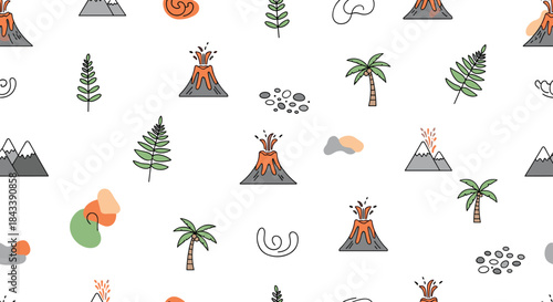 Seamless pattern with hand-drawn volcanoes, palm trees, and ferns in a simple doodle style, perfect for kids' dinosaur-themed designs.
