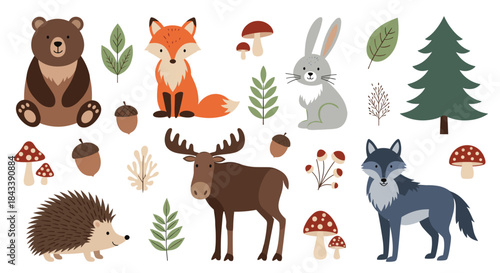 A charming collection of cute woodland animals and forest elements, including a bear, fox, moose, and wolf, isolated for design projects.