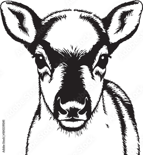 Gentle deer fawn portrait looking forward black and white illustration transparent background