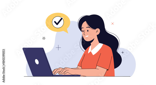 Happy young woman working on her laptop with a check mark in a speech bubble, symbolizing a completed task, success, or approval.