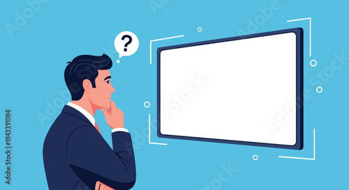 Businessman in a suit looking thoughtfully at a blank screen with a question mark, representing problem-solving, planning, or decision-making.