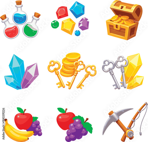Colorful cartoon game icons including treasure chest and fruit on