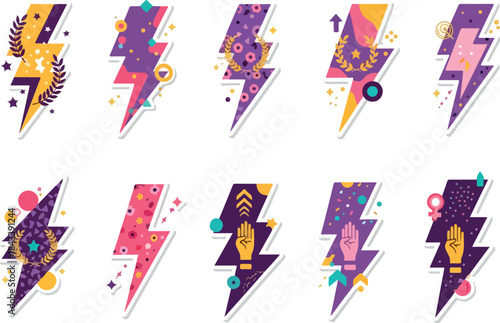 Colorful lightning bolt icon set with feminist and empowering elements