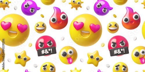 Emoji emoticon realistic 3D vector seamless pattern design, star fire sun, happy, enamored, tease and swear, evil faces