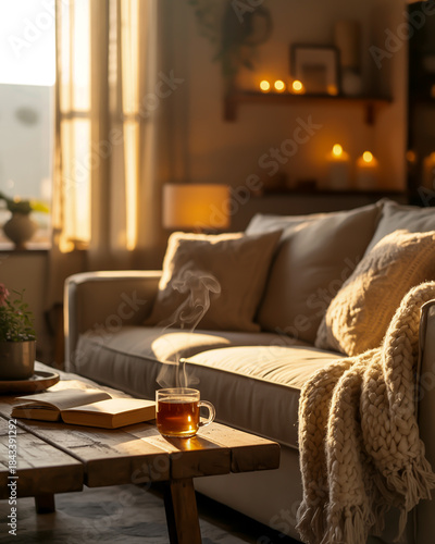 Cozy living room with sunlit couch and steaming tea