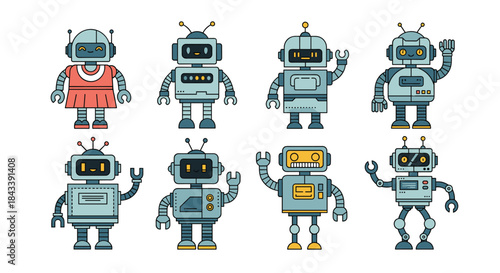 Set of cute and friendly cartoon robot characters with different designs, including a female robot, waving and smiling for kids' projects.
