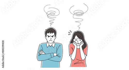 Illustration of an angry man and a frustrated woman representing a couple's conflict, disagreement, stress, and communication problems.