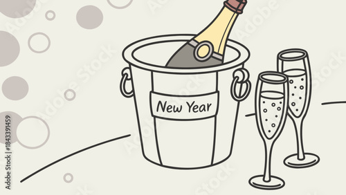 New year celebration with champagne bottle in ice bucket and two glasses