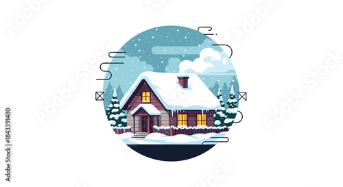 Cozy wooden cabin in a snowy forest landscape with smoke coming from the chimney during a peaceful winter night with falling snow.