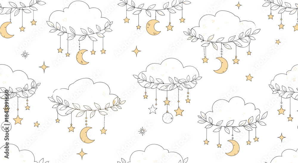 Fototapeta premium Seamless pattern with hand-drawn clouds, crescent moons, and stars in a dreamy, whimsical style, perfect for nursery or baby decor.