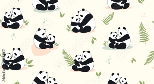 Seamless pattern with adorable mother and baby pandas hugging among green leaves, perfect for Mother's Day or nursery decorations.