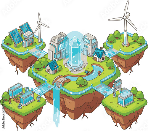 Eco friendly city with renewable energy sources and green spaces on floating islands