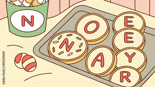 Cartoon illustration of cookies on baking tray with letters spelling no way