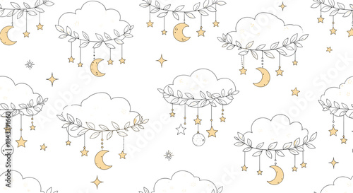 Seamless pattern with hand-drawn clouds, crescent moons, and stars in a dreamy, whimsical style, perfect for nursery or baby decor.