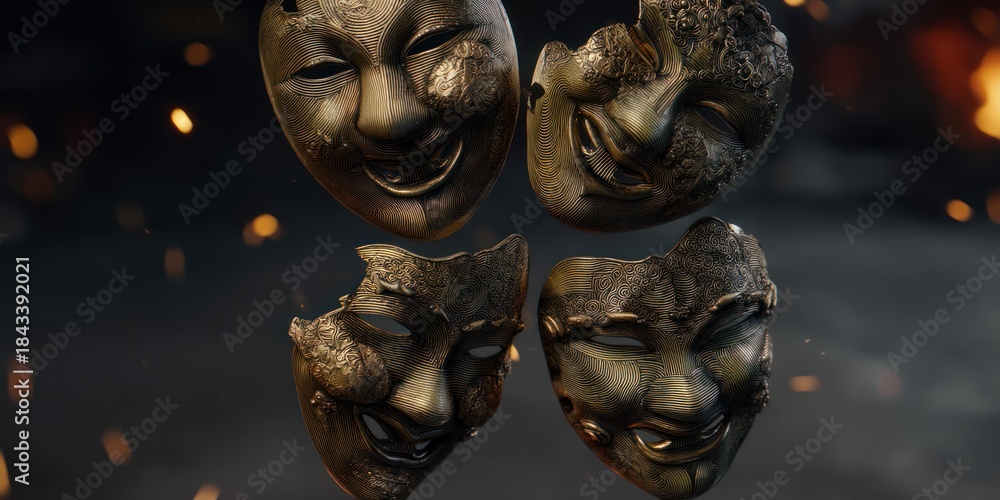 Fototapeta premium Dramatic masks display various expressions against a dark background copy space available