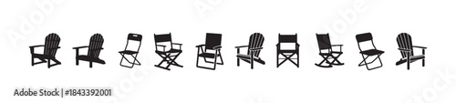 Set of adirondack folding rocking director and casual outdoor furniture chairs silhouettes vector illustrations isolated