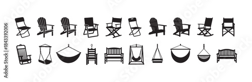 Outdoor garden furniture chairs loungers hammocks swings bench set silhouettes vector illustrations collection