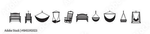 Collection of outdoor benches rocking chair hanging swing seats and various hammock silhouettes vector illustrations