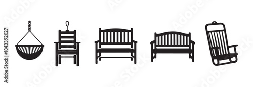 Outdoor garden furniture set silhouettes including hammock swing bench chair and wooden rocker solid black icons