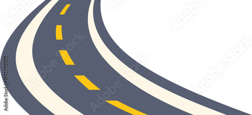 Winding paved road with yellow dashed markings is curving to the right and disappearing