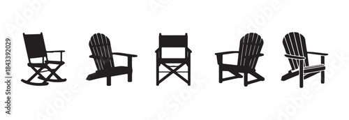 Group of outdoor rocking chair adirondack chair and director chair furniture black silhouettes vector illustrations