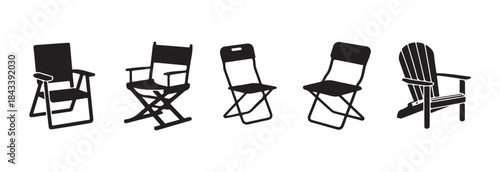 Various folding portable chairs director chair and adirondack chair furniture black silhouettes vector illustrations