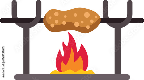 Grilled sausage rotating on a skewer over fire, cooking on a spit