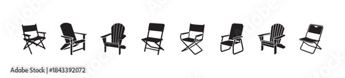 Set of various outdoor chairs icons including folding chairs adirondack chairs and portable camp seats solid black silhouettes