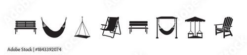 Collection of outdoor furniture silhouettes featuring park benches hammocks sling chairs swing sets and adirondack chair icons