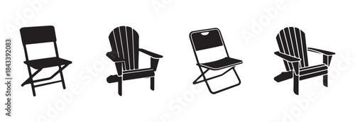 Set of black silhouettes of different adirondack chairs and foldable seats vector illustrations isolated on white background