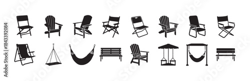 Collection of various outdoor chairs benches and hammocks including folding chairs adirondack seats and picnic bench silhouettes