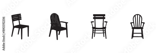 Set of black silhouette furniture icons showing four distinct styles of outdoor and interior seating armchairs