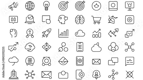 Black line icons illustrating digital marketing, business development, networking, and data analysis.