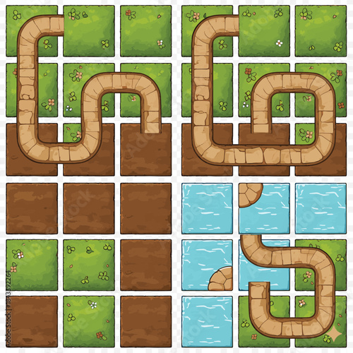 Top-Down Game Tileset: Seamless Stone Path, Grass, Dirt, and Water Terrain
