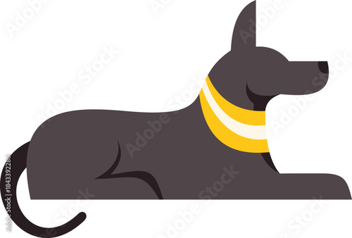 Stylized illustration of anubis, egyptian god of the dead, lying down and wearing golden collar