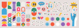 Abstract geometric shapes set vector illustration. Graphic design elements with retro line, simple form, figure, arch, flower, smiley and hand. Trendy cartoon flat stickers, brutal aesthetic
