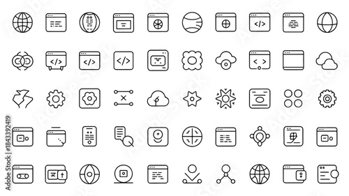 Black line icons illustrating web development, programming, design, and hosting