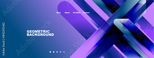 Abstract geometric design. Purple, blue gradients create modern website header. Navigation menu visible, dots indicate sections.