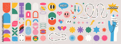 Abstract geometric shapes set vector illustration. Graphic design elements with retro line, simple form, figure, arch, flower, smiley and hand. Trendy cartoon flat stickers, brutal aesthetic