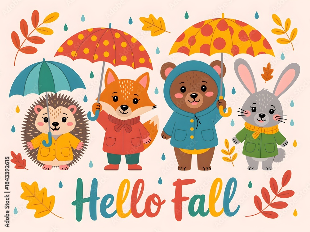 Fototapeta premium A group of cute woodland creatures welcome the autumn season with umbrellas and raincoats