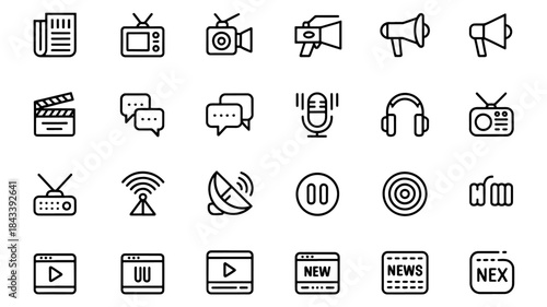 black outline icons representing various mass media and communication channels.
