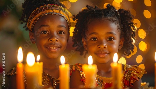 Close Up of Happy Black Children Lighting the Kinara for Kwanzaa with Bokeh Background