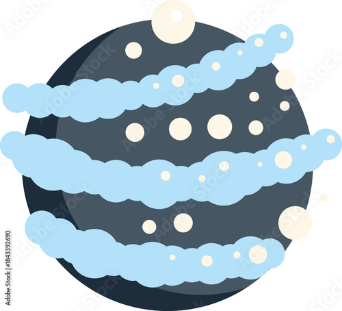 Dark planet with icy rings and craters rotating in the vastness of space