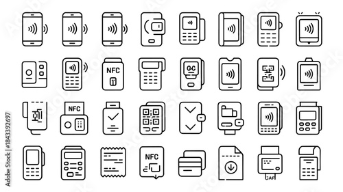 line icons illustrating near field communication technology, contactless payment, and digital transactions.