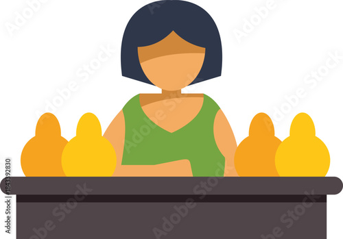 Female vendor sitting at market stall selling organic pears, local small business owner, healthy food concept