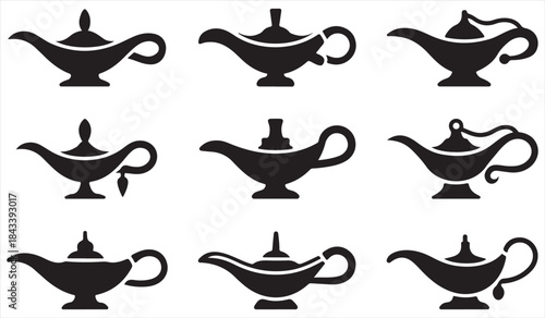 Black genie lamp symbols collection in solid style