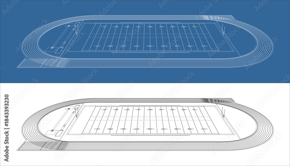 Fototapeta premium Side View Profile of American Football Field Wireframe on Blue and White Background