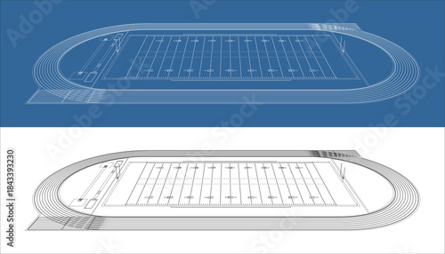 Side View Profile of American Football Field Wireframe on Blue and White Background