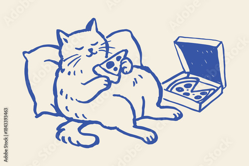 Cat eating pizza doodle outline vector illustration