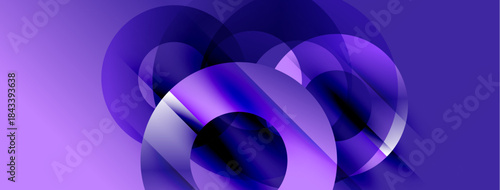 Abstract composition featuring overlapping translucent circles. Purple hues dominate design, creating dynamic visual effect. Smooth gradients present depth.